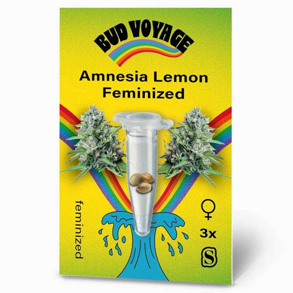 BudVoyage Amnesia Lemon Feminisiert – Stilvolle Verpackung mit modernem Design & klarer Produktkennzeichnung.