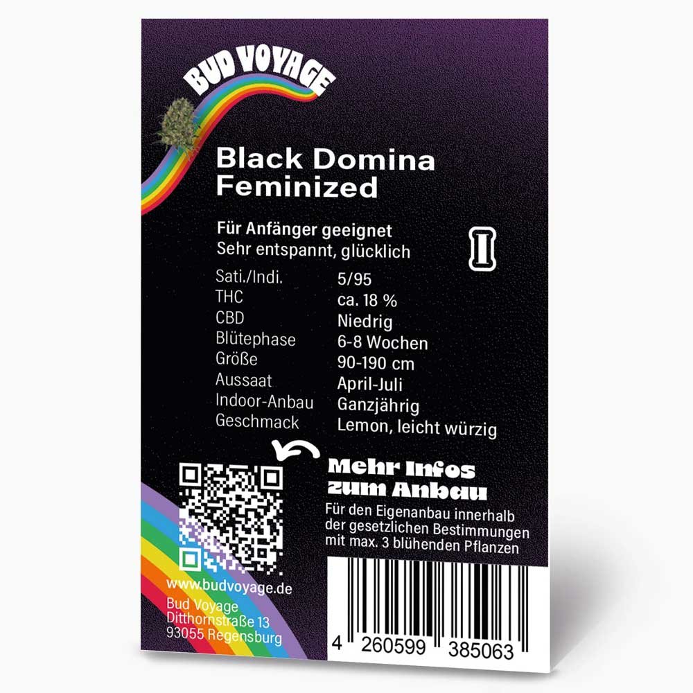 Rückseite der BudVoyage Black Domina Feminisiert Verpackung – Wichtige Informationen zu Blütezeit, Pflanzengröße, THC-Gehalt & Ertrag auf einen Blick.