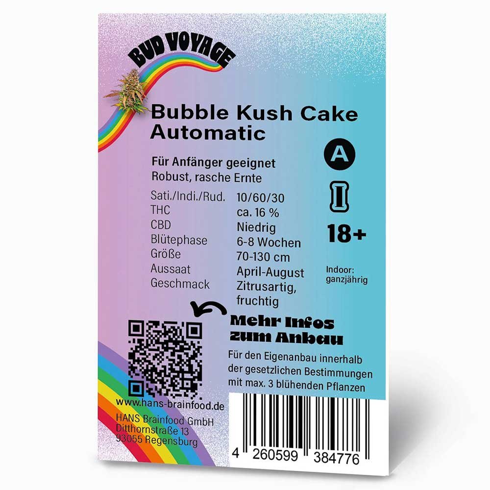 Rückseite der Bud Voyage Bubble Kush Cake Automatic Verpackung – Wichtige Informationen zu Blütezeit, Pflanzengröße, THC-Gehalt & Ertrag auf einen Blick.