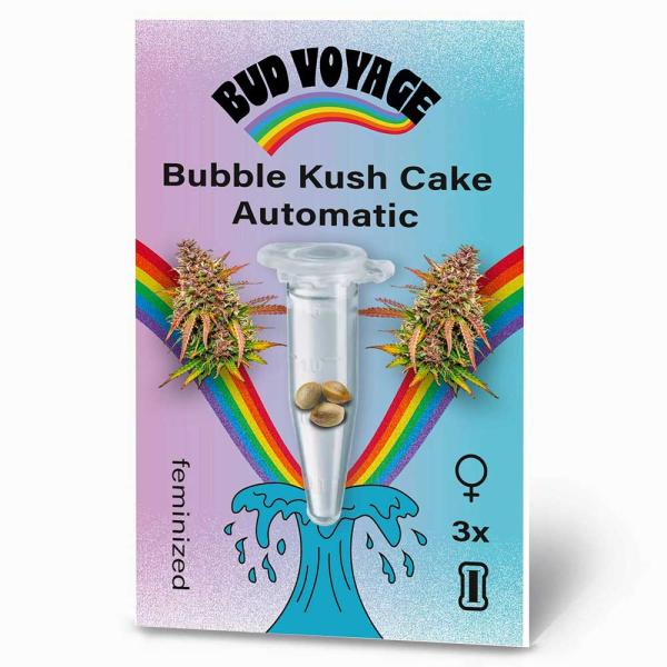Bud Voyage Bubble Kush Cake Automatic – Stilvolle Verpackung mit modernem Design & klarer Produktkennzeichnung.