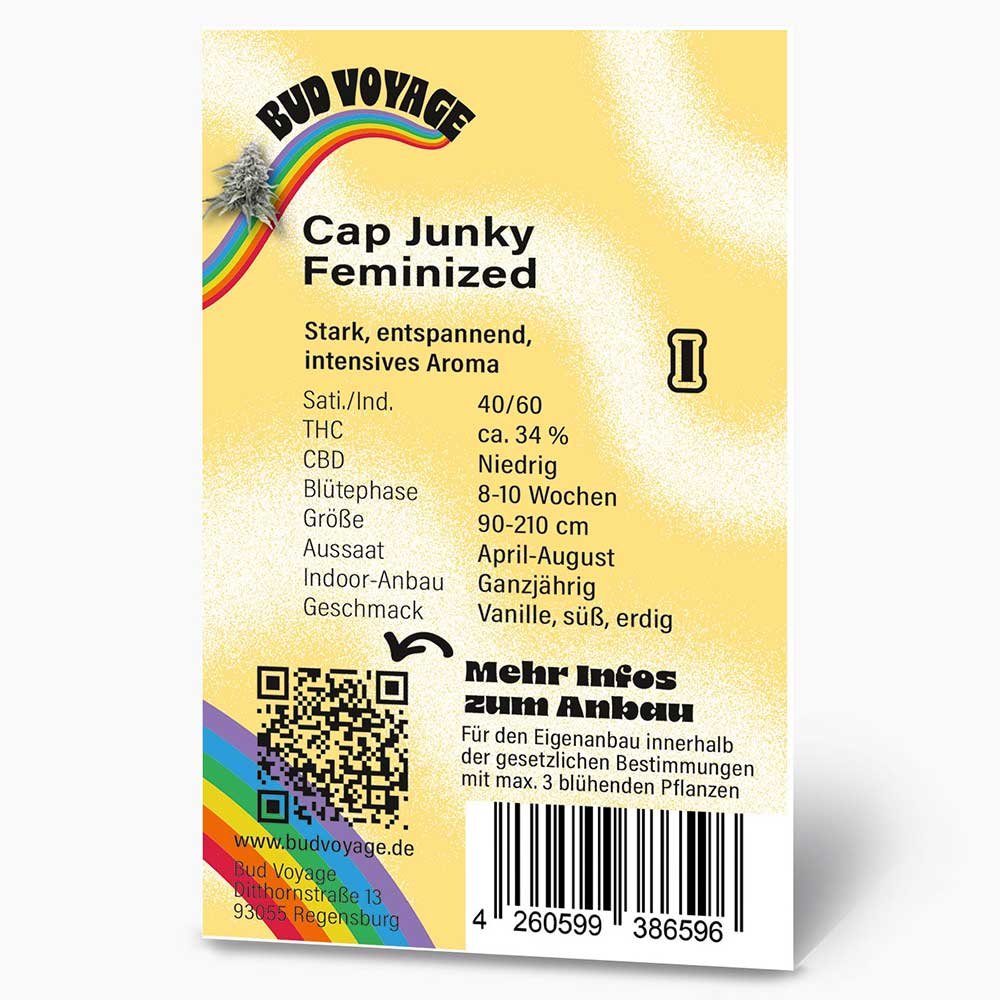 Bud Voyage Cap Junky Feminisiert Packung Rückseite mit wichtigen Informationen