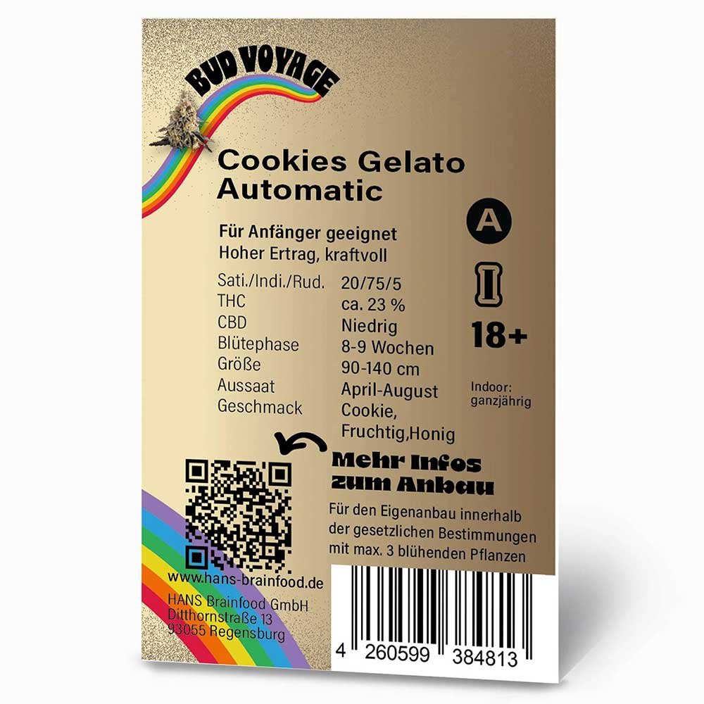 Rückseite der Bud Voyage Cookies Gelato Automatic Verpackung – Wichtige Informationen zu Blütezeit, Pflanzengröße, THC-Gehalt & Ertrag auf einen Blick.