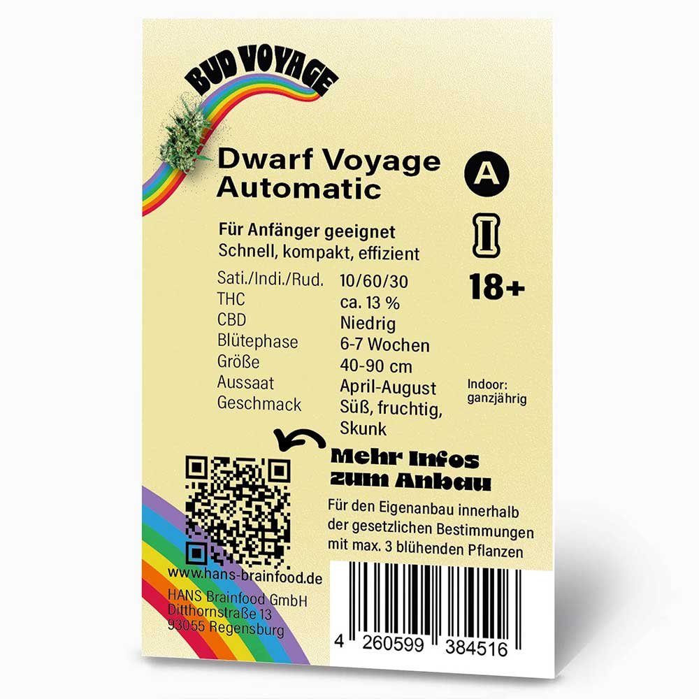 Rückseite der Bud Voyage Dwarf Voyage Automatic Verpackung – Wichtige Informationen zu Blütezeit, Pflanzengröße, THC-Gehalt & Ertrag auf einen Blick.