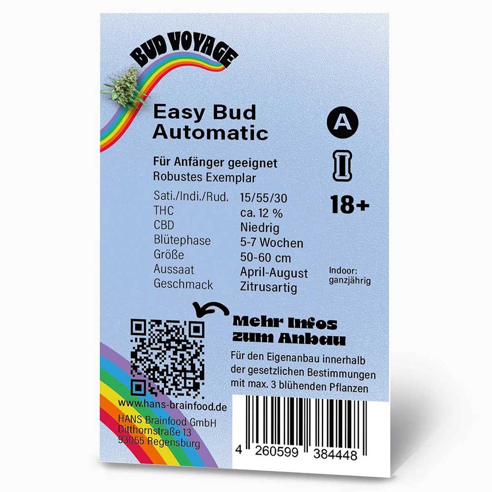 Rückseite der Bud Voyage Easy Bud Automatic Verpackung – Wichtige Informationen zu Blütezeit, Pflanzengröße, THC-Gehalt & Ertrag auf einen Blick.