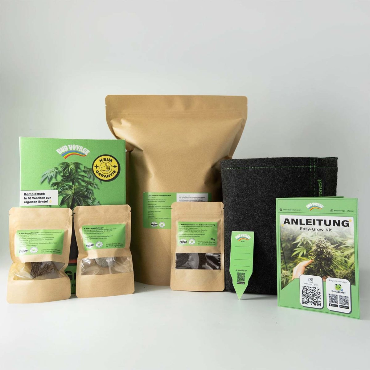 Easy Grow Kit – Cannabis Anzuchtkit für Anfänger - Für Einfache & schnelle Anzucht - Komplettes Grow Zubehör Set mit Bio-Erde, Dünger & Filztopf - Cannabis Zubehör mit Anleitung