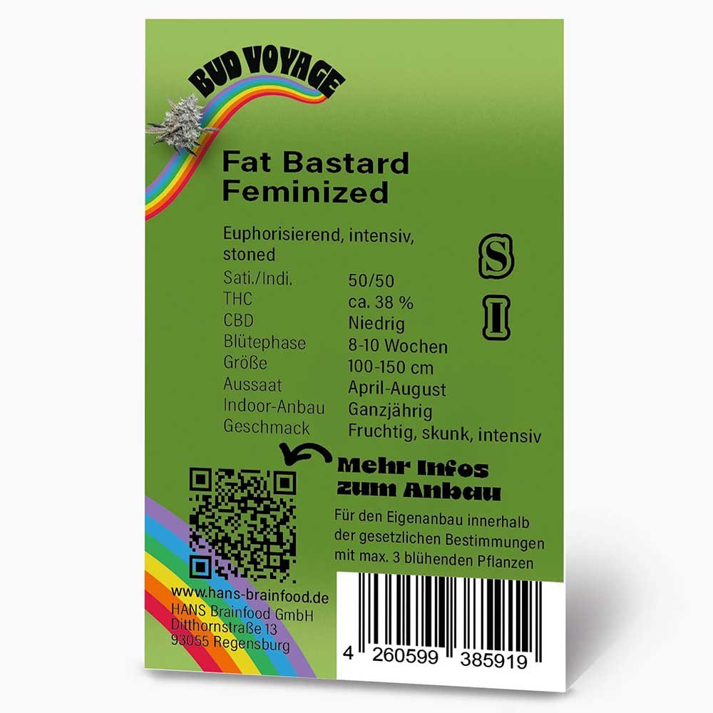 Rückseite der BudVoyage Fat Bastard Feminisiert Verpackung – Wichtige Informationen zu Blütezeit, Pflanzengröße, THC-Gehalt und Ertrag auf einen Blick.