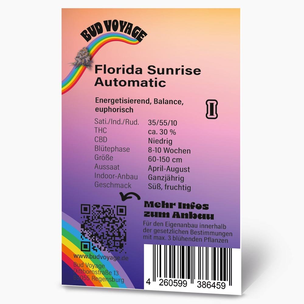 Bud Voyage Florida Sunrise Automatic Verpackungsrückseite mit relevanten Informationen