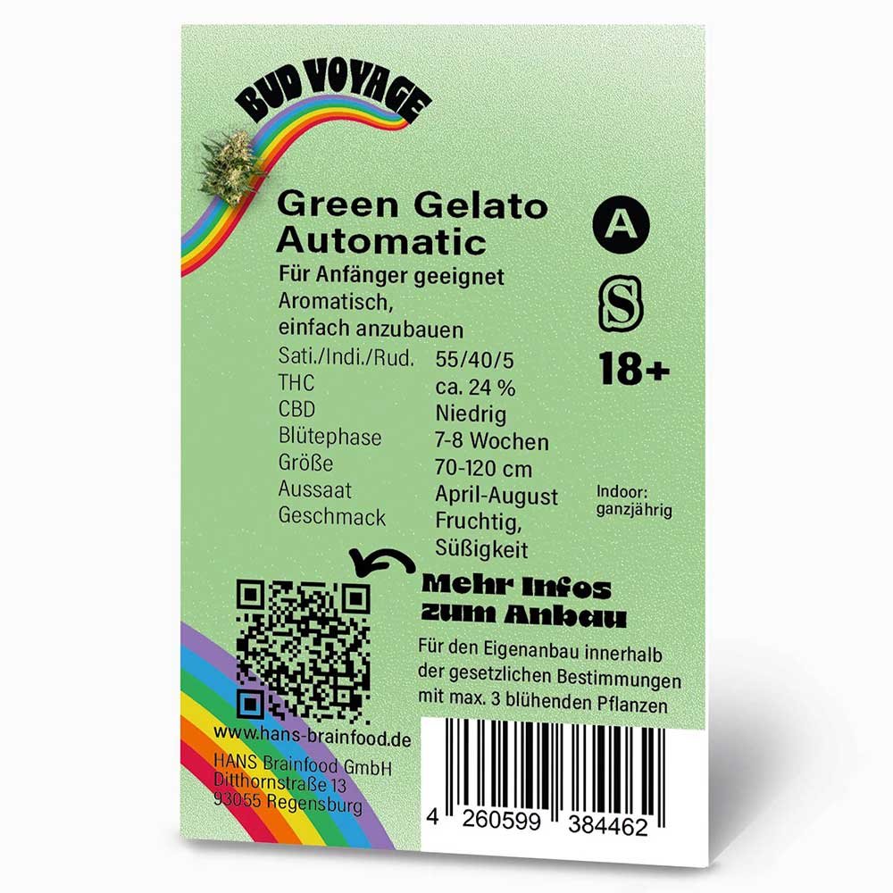 Rückseite der Green Gelato Automatic Samenpackung von Bud Voyage – Informationen zur Sorte, Blütezeit, Größe und mehr.
