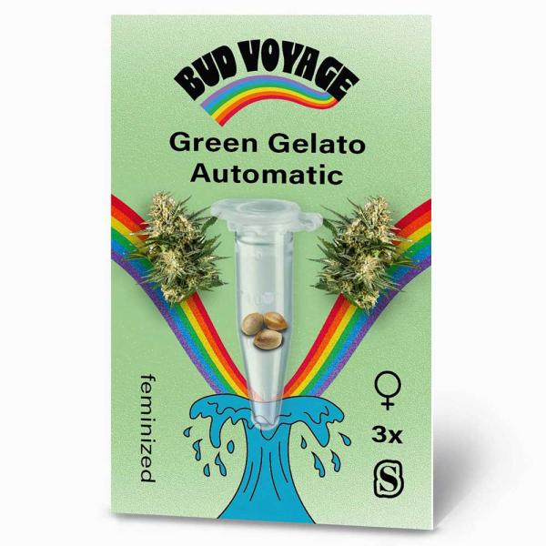Vorderseite der Green Gelato Automatic Samenpackung von Bud Voyage – modernes Design mit Sortennamen und Logo