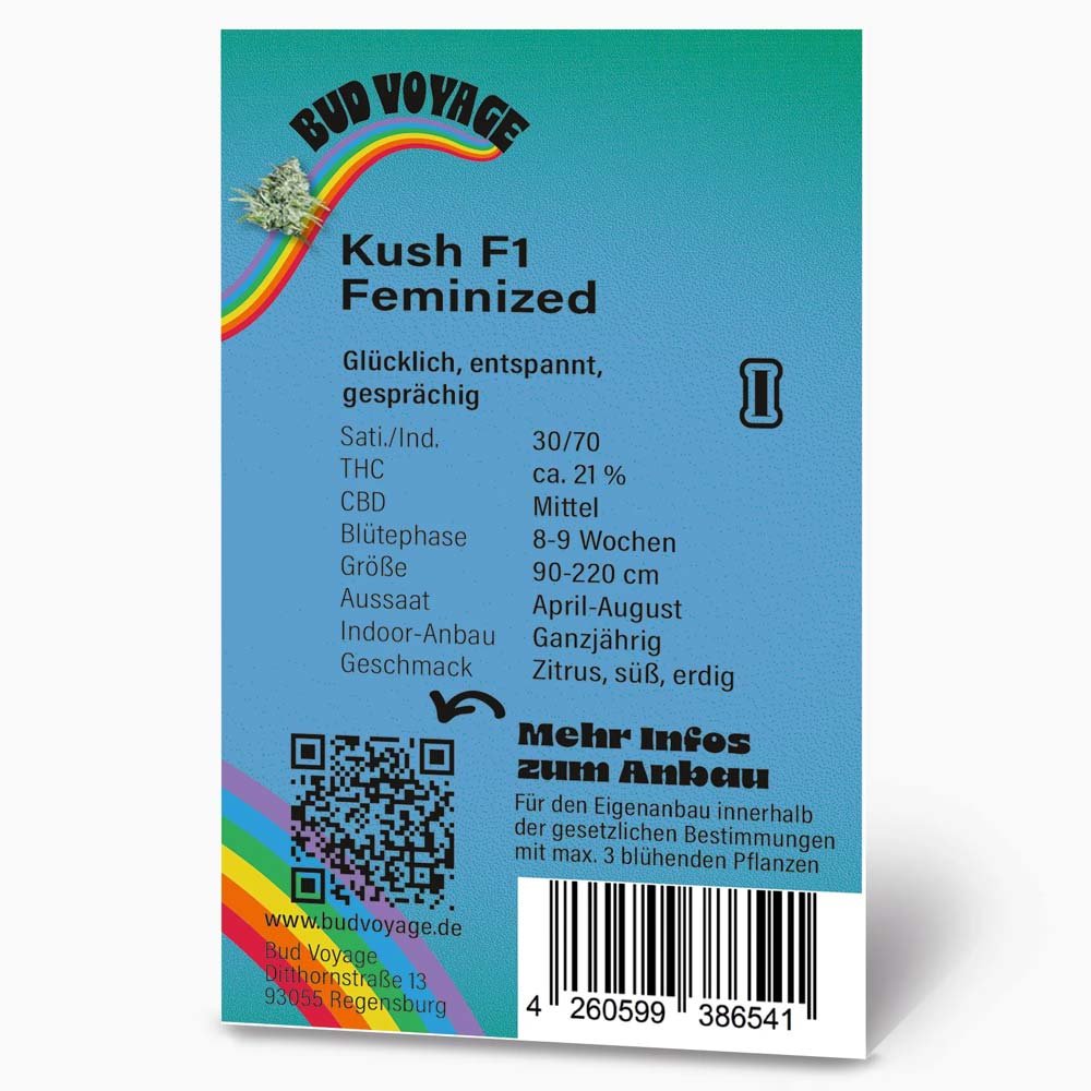 Bud Voyage Kush F1 Feminisiert Rückseite mit relevanten Informationen