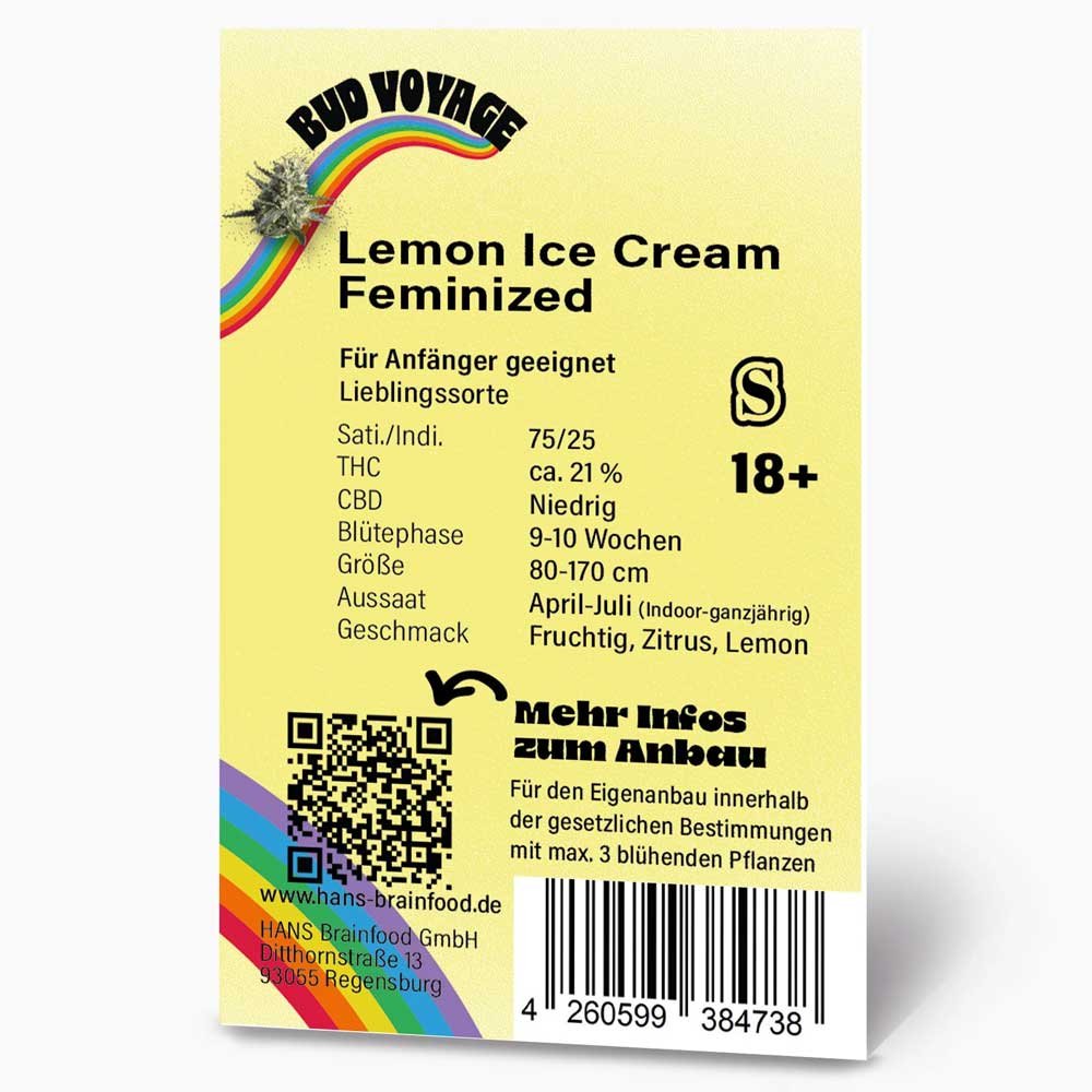 Rückseite der Bud Voyage Lemon Ice Cream Feminisiert Verpackung – Wichtige Informationen zu Blütezeit, Pflanzengröße, THC-Gehalt & Ertrag auf einen Blick.