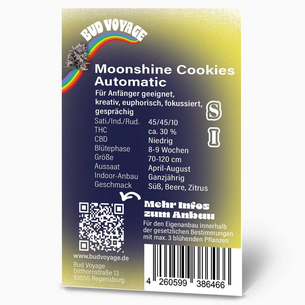 Rückseite der Bud Voyage Moonshine Cookies Automatic Samenpackung – Informationen zur Sorte, Blütezeit, Größe und mehr.