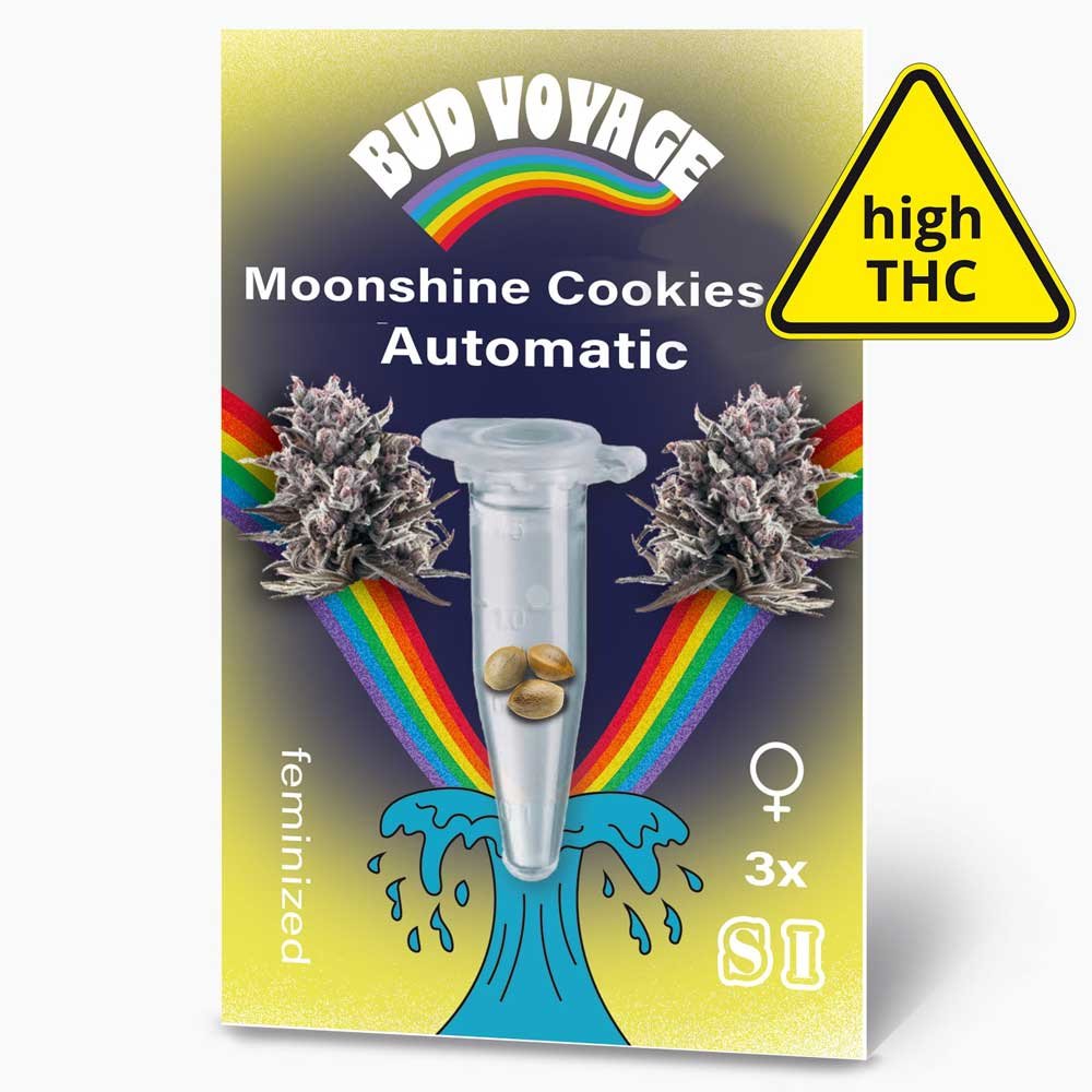 Vorderseite der Moonshine Cookies Automatic von Bud Voyage mit Regenbogenlogo und abgebildeten Buds