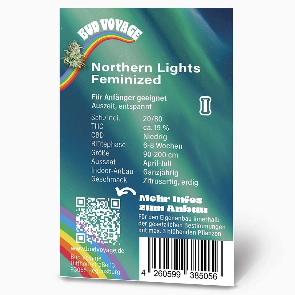 Rückseite der BudVoyage Northern Lights Feminisiert Verpackung – Wichtige Informationen zu Blütezeit, Pflanzengröße, THC-Gehalt & Ertrag auf einen Blick.