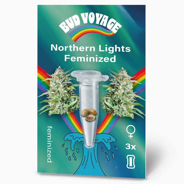 BudVoyage Northern Lights Feminisiert – Stilvolle Verpackung mit modernem Design & klarer Produktkennzeichnung.