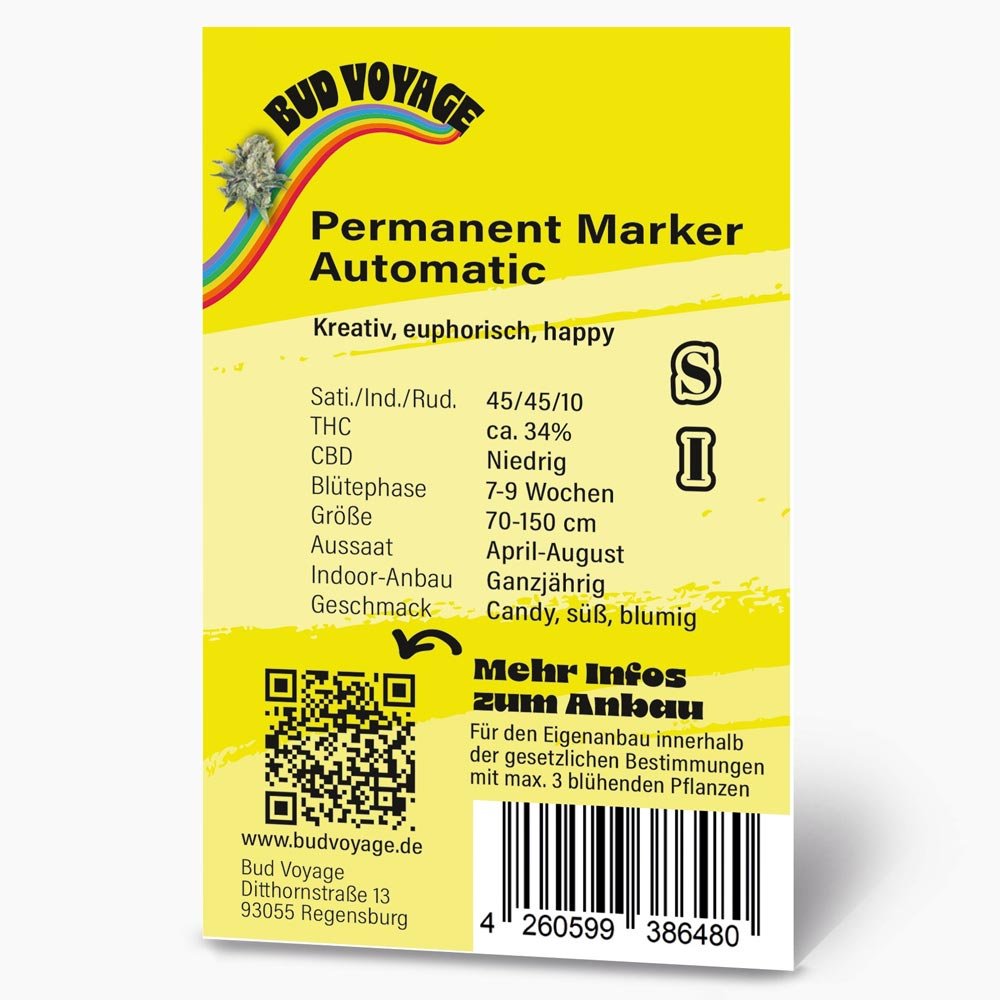 Bud Voyage Permanent Marker Automatic Verpackungsrückseite mit relevanten Informationen