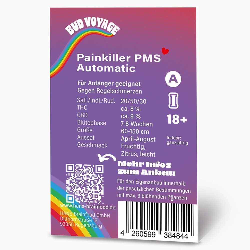 Rückseite der Bud Voyage PMS Painkiller CBD Automatic Verpackung – Wichtige Informationen zu Blütezeit, Pflanzengröße, CBD- & THC-Gehalt auf einen Blick.