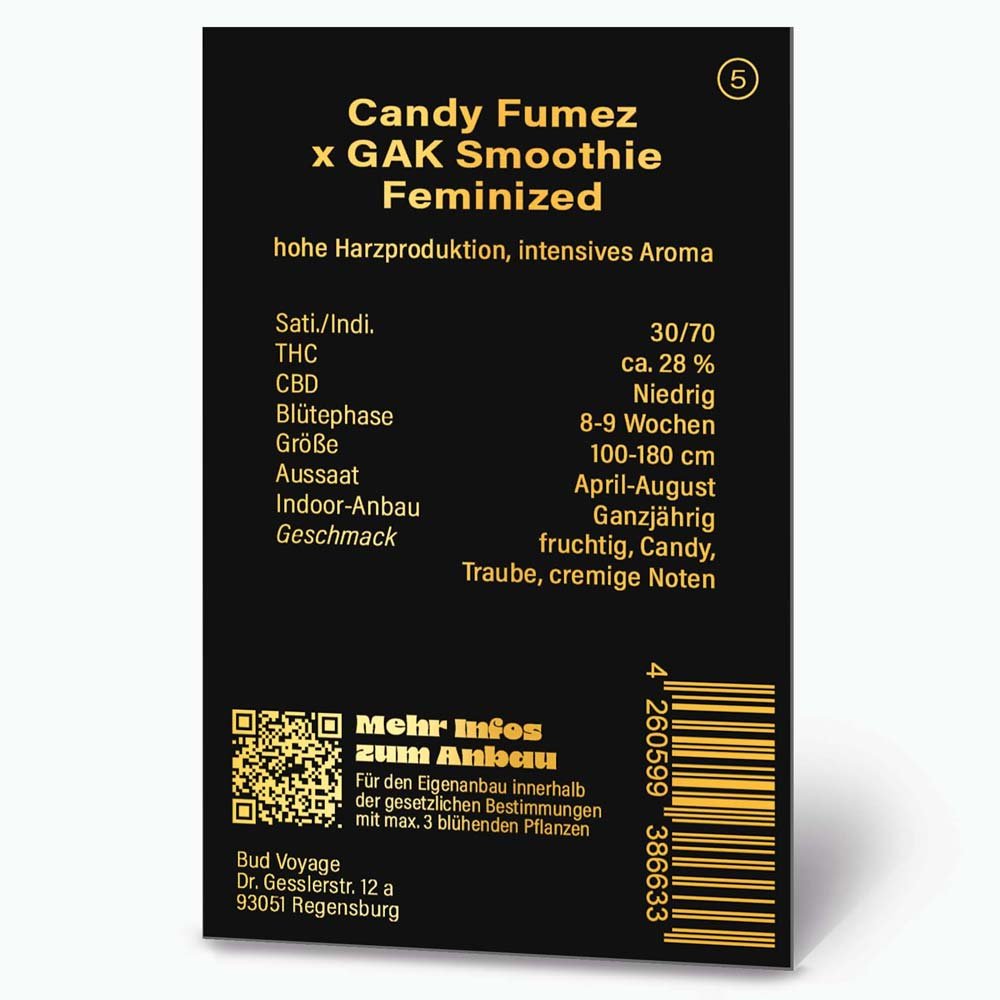 Bud Voyage PREMIUM US Candy Fumez x GAK Smoothie Verpackungsrückseite mit relevanten Informationen