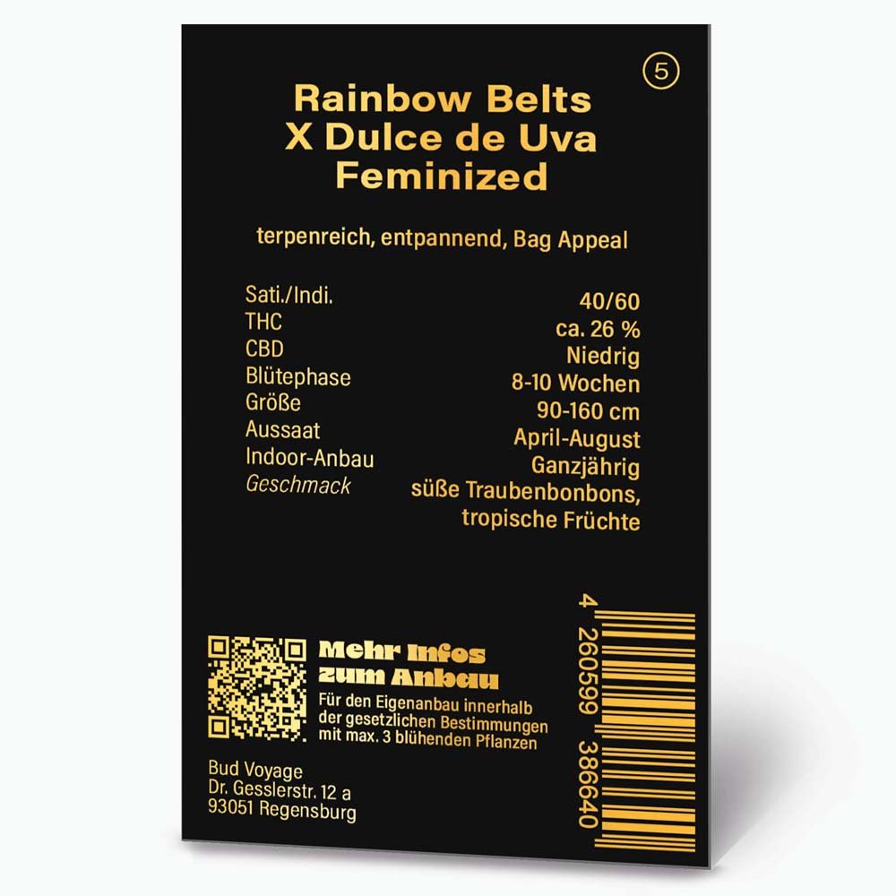 Bud Voyage PREMIUM US Rainbow Belts x Dulce de Uva Verpackungsrückseite mit relevanten Informationen