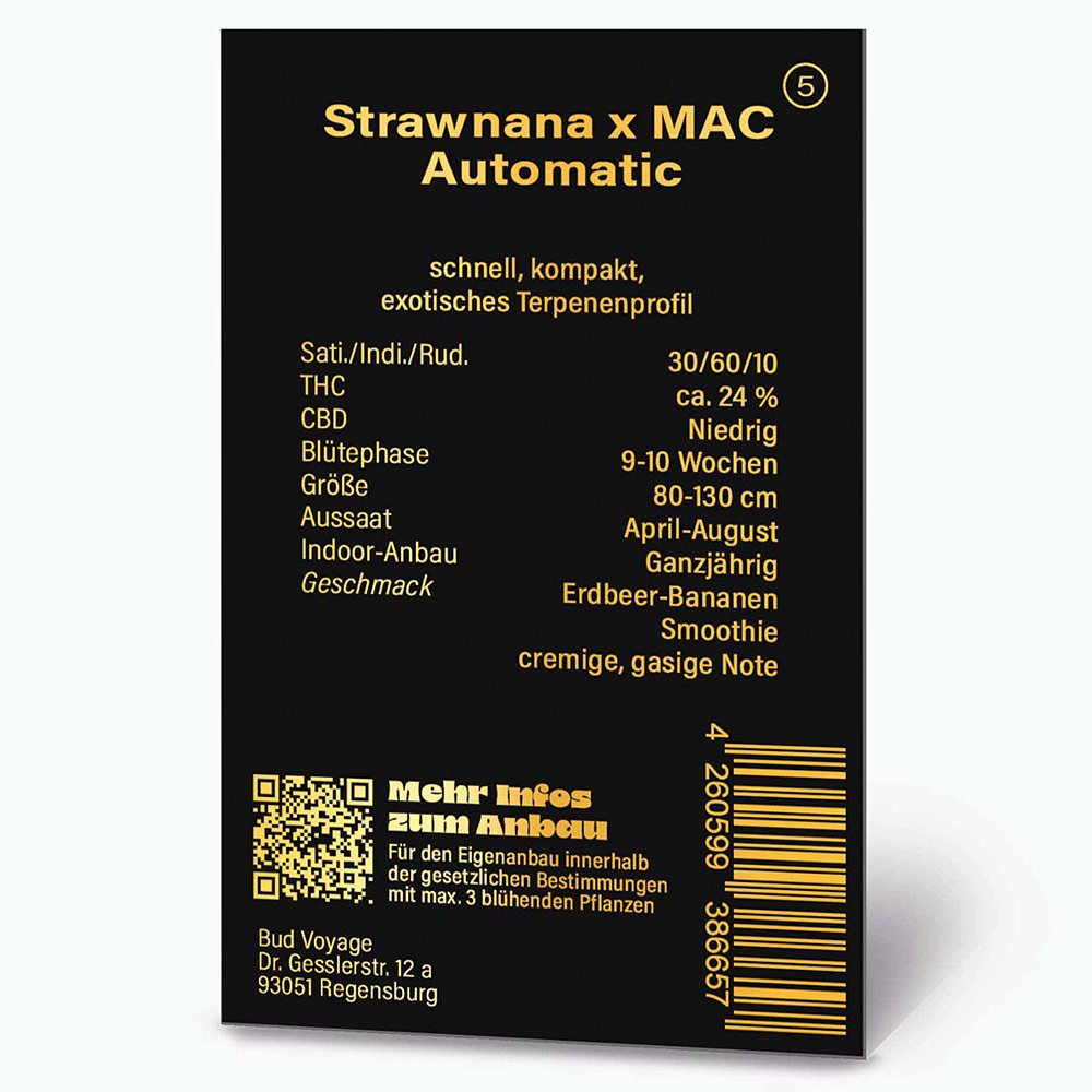 Bud Voyage PREMIUM US Strawnana x MAC Automatic Verpackungsrückseite mit relevanten Informationen