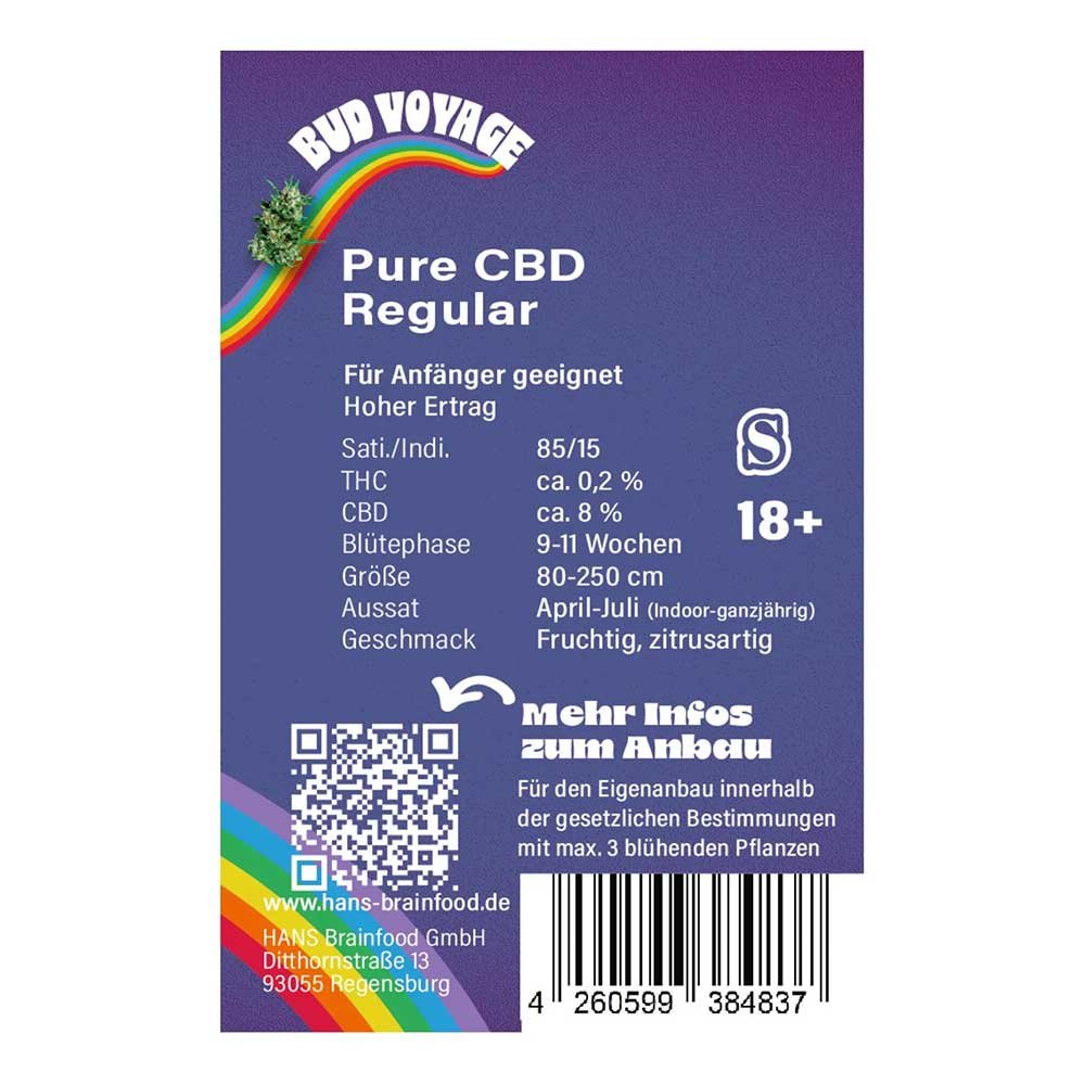Rückseite der Bud Voyage Pure CBD Regular Verpackung – Wichtige Informationen zu Blütezeit, Pflanzengröße, THC- & CBD-Gehalt auf einen Blick.
