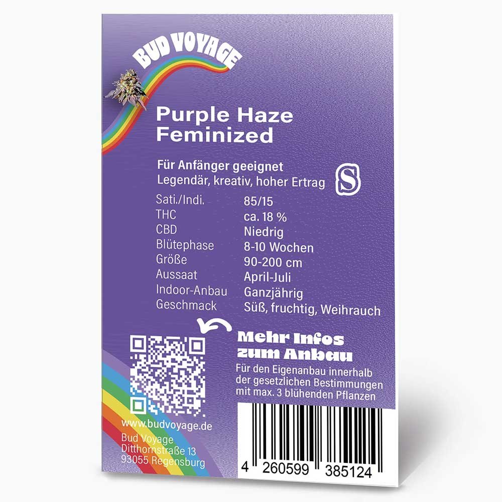 Rückseite der BudVoyage Purple Haze Feminisiert Verpackung – Wichtige Informationen zu Blütezeit, Pflanzengröße, THC-Gehalt und Ertrag auf einen Blick.
