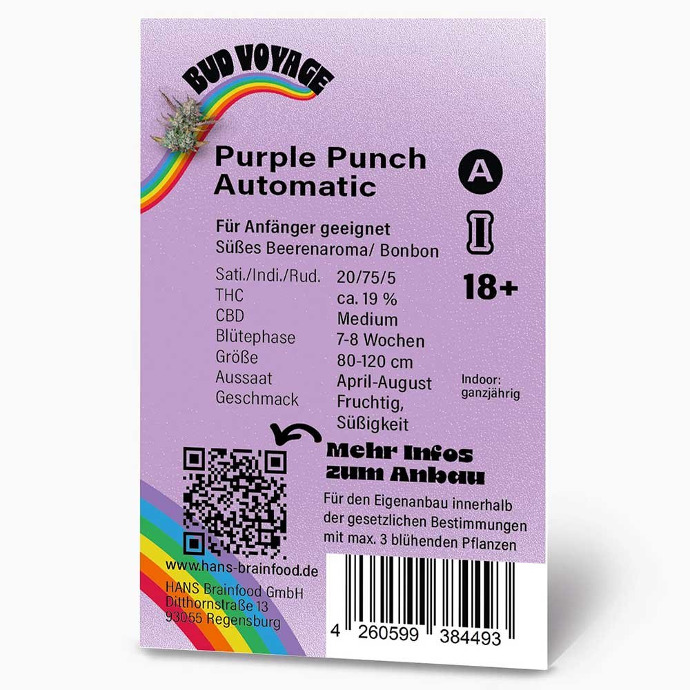 Rückseite der Bud Voyage Purple Punch Automatic Verpackung – Alle wichtigen Informationen zu Genetik, THC-Gehalt, Anbau und Ertrag auf einen Blick.