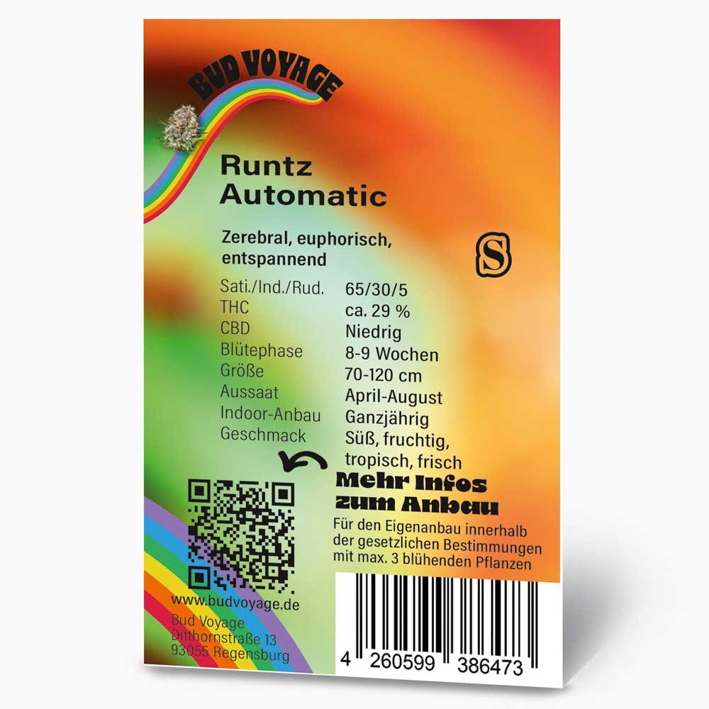 Bud Voyage Runtz Automatic Verpackungsrückseite mit relevanten Informationen