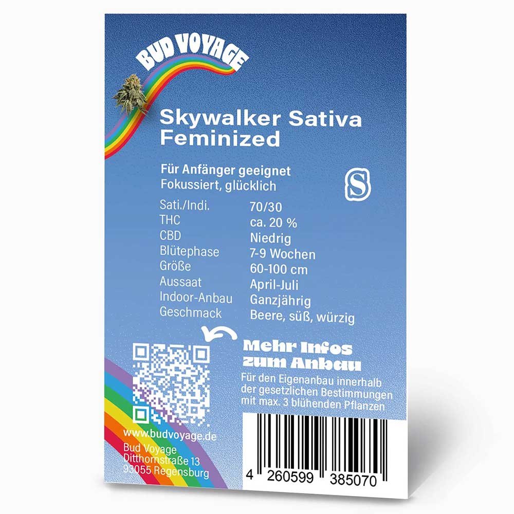 Rückseite der BudVoyage Skywalker Sativa Feminisiert Verpackung – Wichtige Informationen zu Blütezeit, Pflanzengröße, THC-Gehalt & Ertrag auf einen Blick.