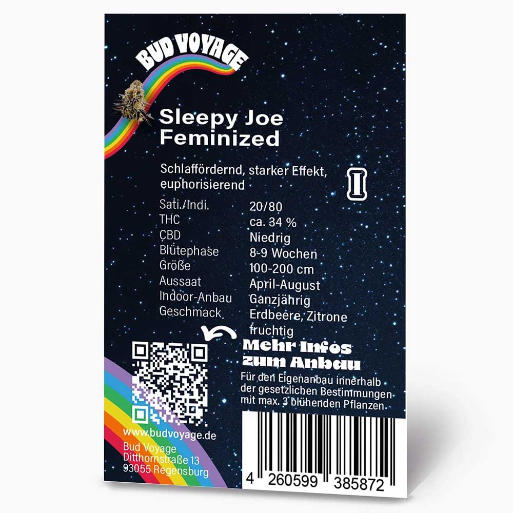 Rückseite der Bud Voyage Sleepy Joe Feminisiert Verpackung – Wichtige Informationen zu Blütezeit, Pflanzengröße, THC-Gehalt und Ertrag auf einen Blick.