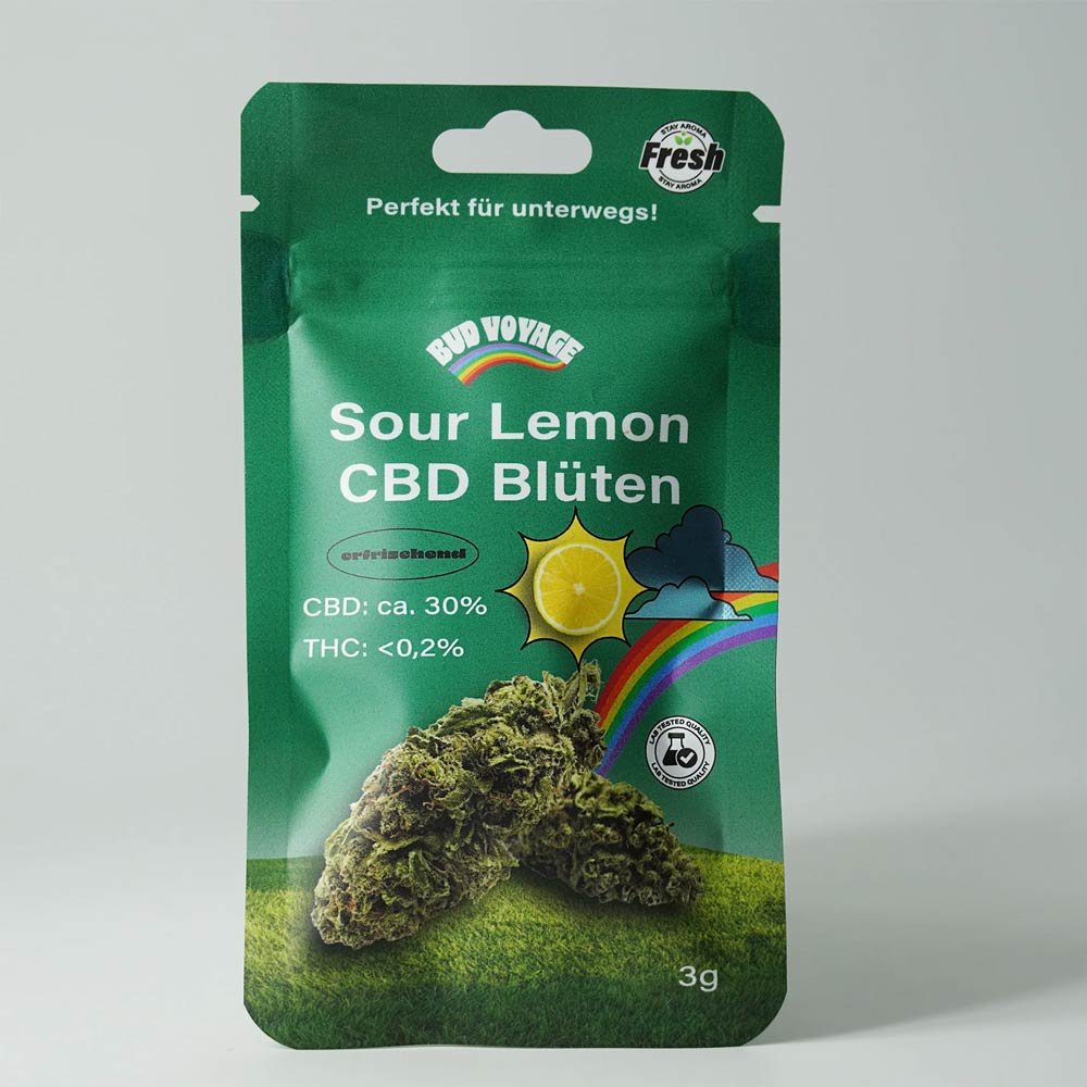 Bud Voyage Sour Lemon CBD-Blüten mit 30 % CBD und intensivem Zitrus-Aroma