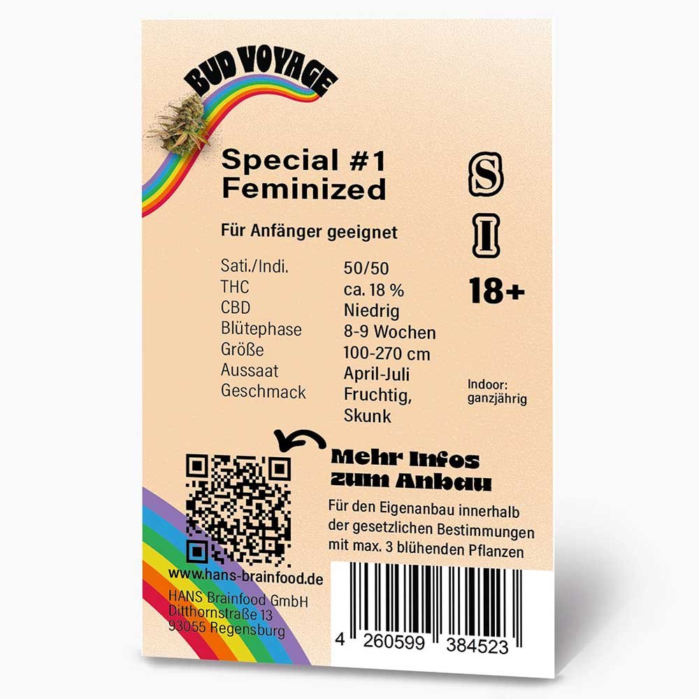 Rückseite der Bud Voyage Special #1 Feminisiert Verpackung – Wichtige Informationen zu Blütezeit, Pflanzengröße, THC-Gehalt & Ertrag auf einen Blick.