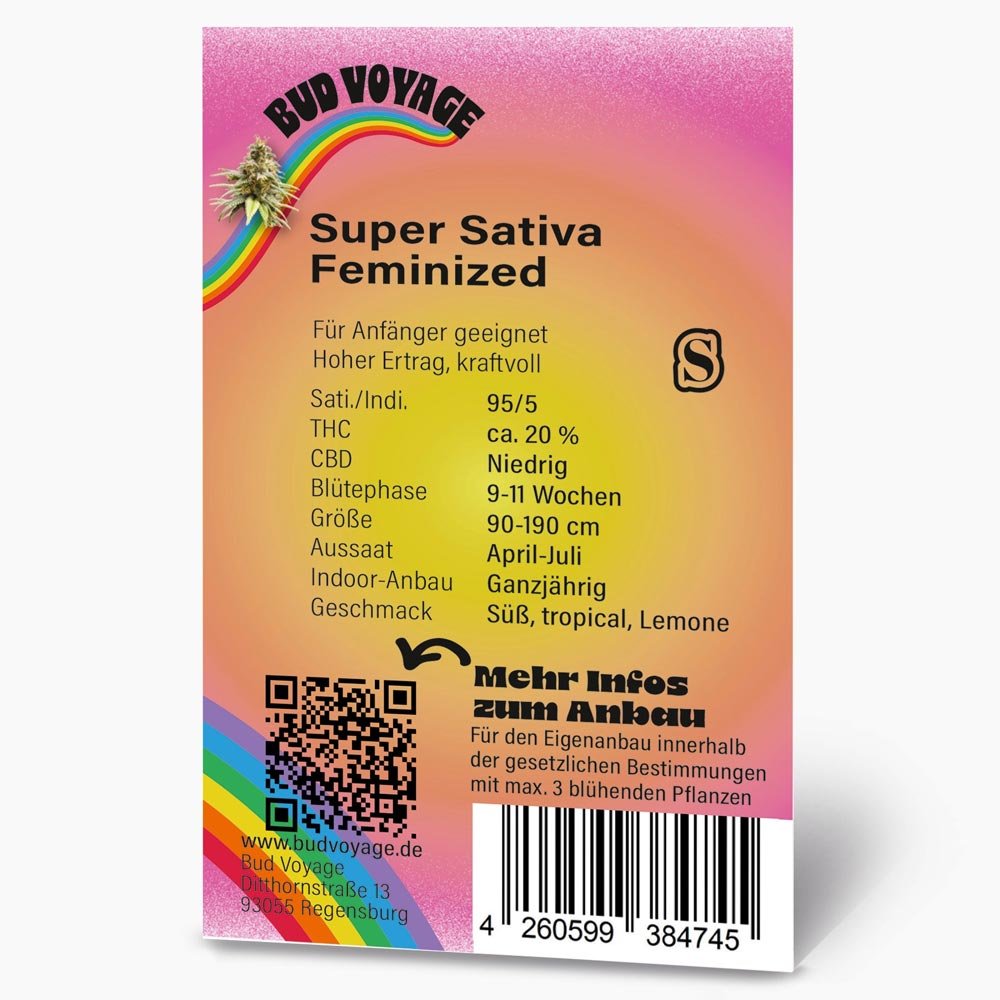 Bud Voyage Super Sativa Feminisiert Verpackung Rückseite mit relevanten Informationen