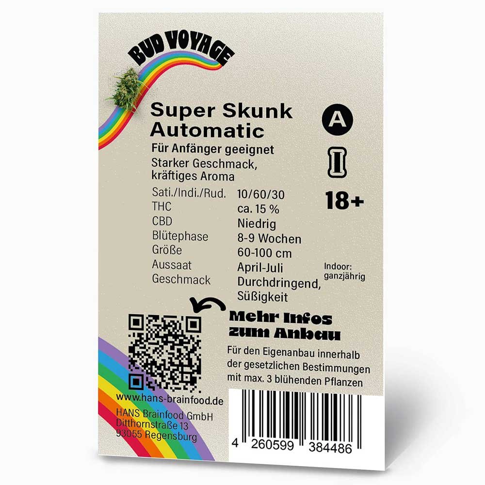 Rückseite der Bud Voyage Super Skunk Automatic Verpackung – Wichtige Informationen zu Blütezeit, Pflanzengröße, THC-Gehalt & Ertrag auf einen Blick.