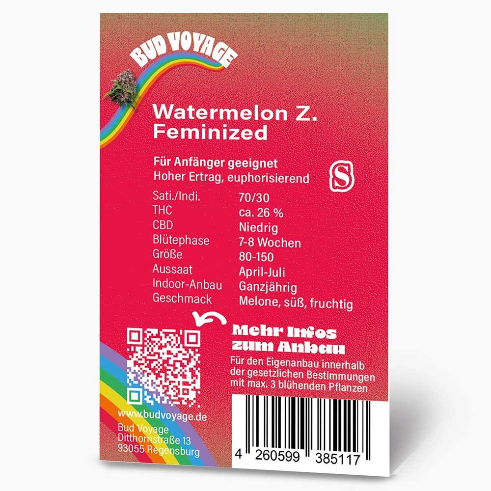 Rückseite der Bud Voyage Watermelon Zkittlez Feminisiert Verpackung – Wichtige Informationen zu Blütezeit, Pflanzengröße, THC-Gehalt und Ertrag auf einen Blick.