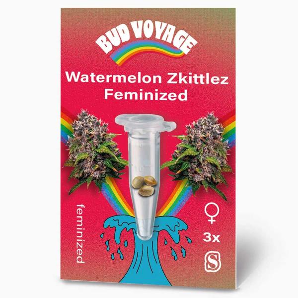Bud Voyage Watermelon Zkittlez Feminisiert – Stilvolle Verpackung mit modernem Design und klarer Produktkennzeichnung.