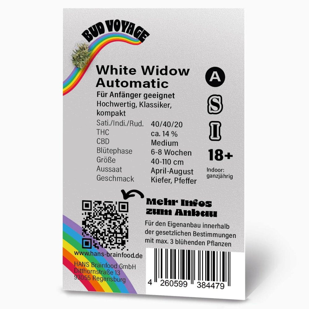 Rückseite der Bud Voyage White Widow Automatic Verpackung – Alle wichtigen Informationen zu Genetik, THC-Gehalt und Anbau auf einen Blick.
