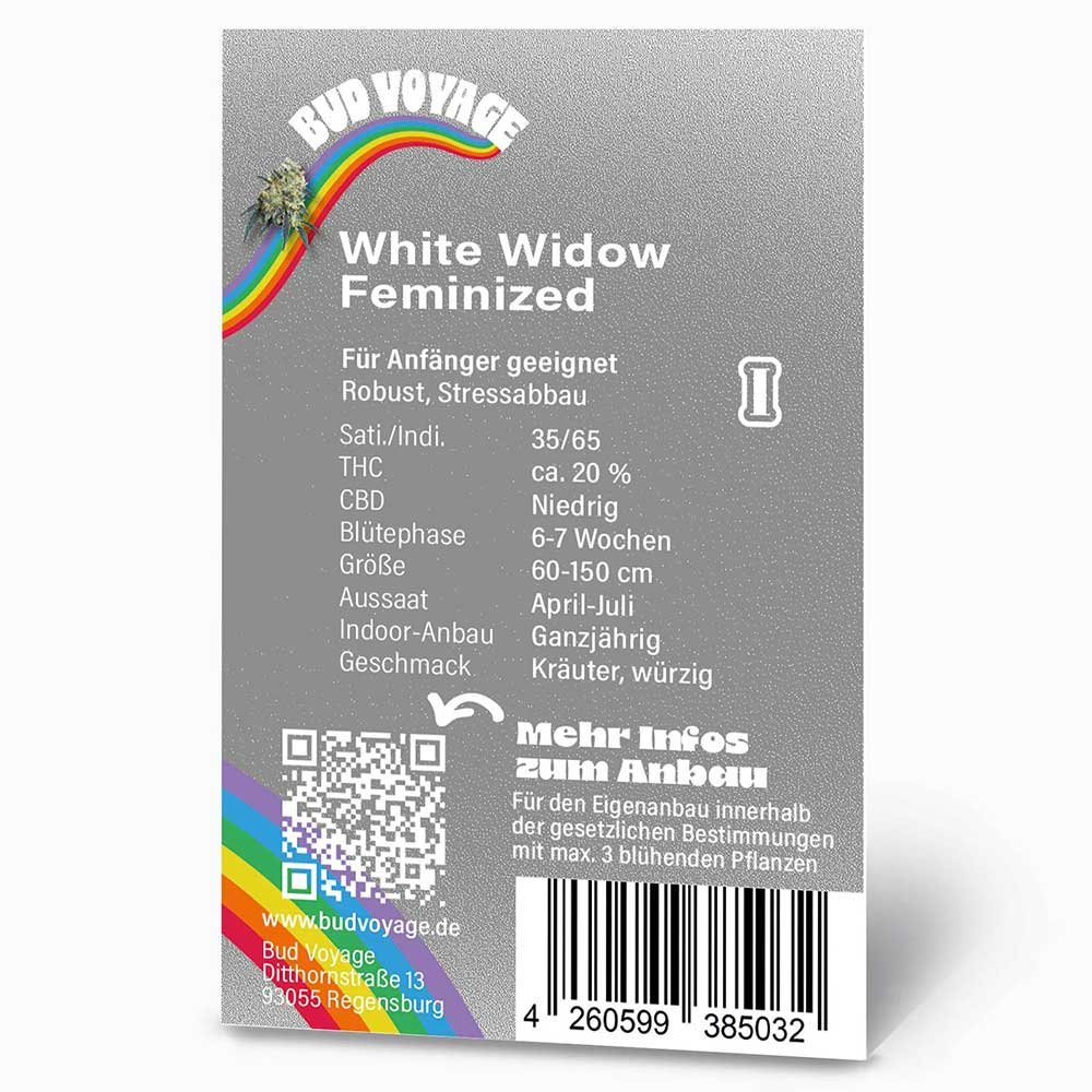 Rückseite der Bud Voyage White Widow Feminisiert Verpackung – Wichtige Informationen zu Blütezeit, Pflanzengröße, THC-Gehalt & Ertrag auf einen Blick.
