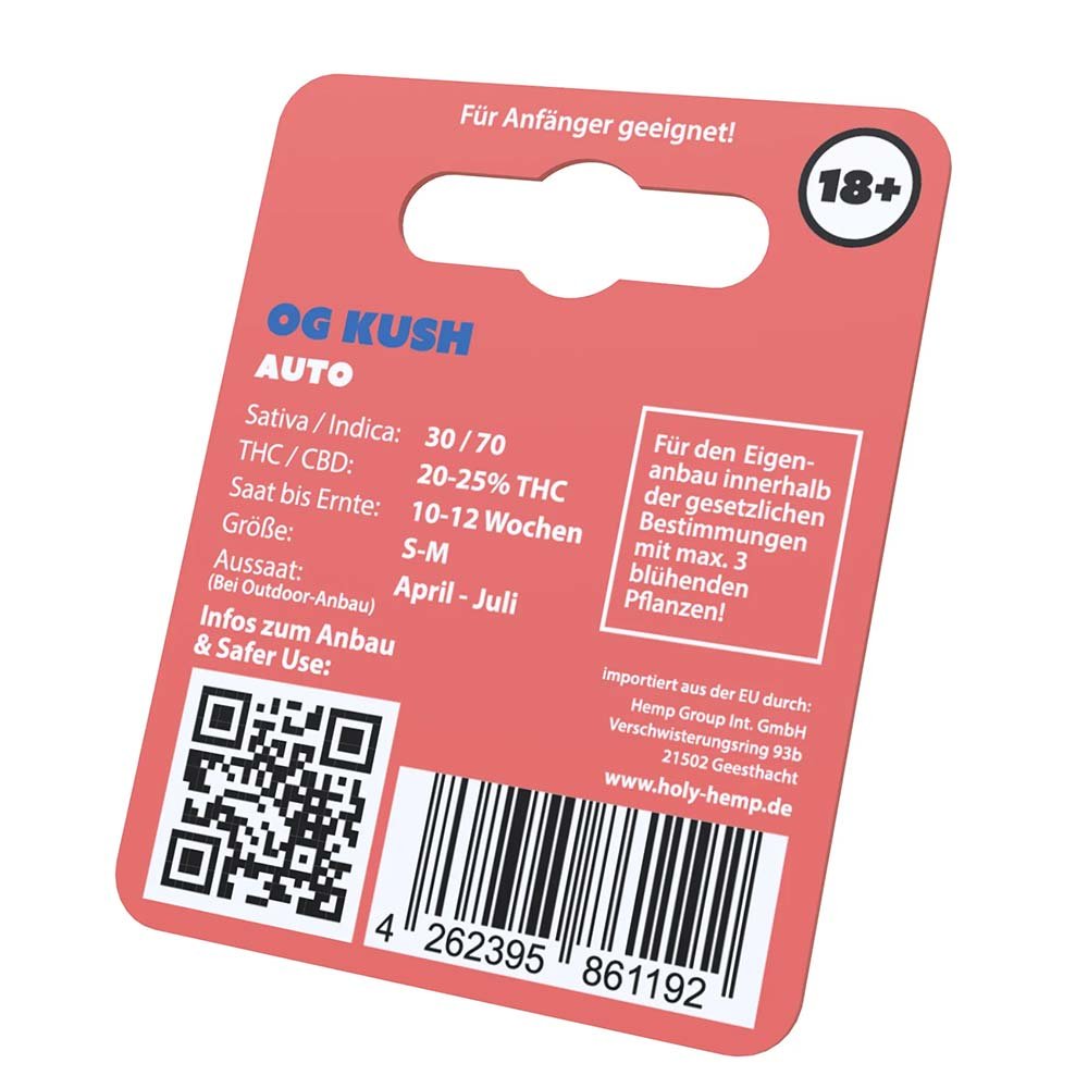 Holy Hemp OG Kush Auto – Verpackung Rückseite mit ein paar wichtigen Informationen.
