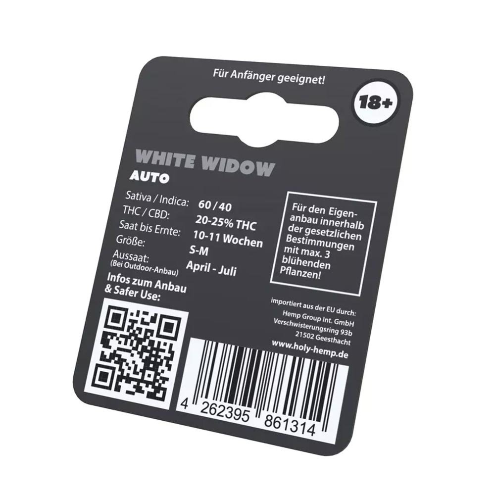 Holy Hemp White Widow Auto – Verpackung Rückseite mit ein paar wichtigen Informationen.