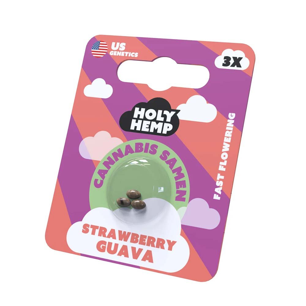 Holy Hemp Strawberry Guava – Verpackung Vorderseite mit Abbildung der Samen